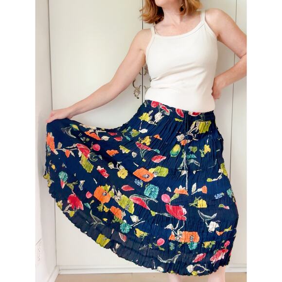 Vintage 90s Floral Crinkle Broomstick Skirt Rayon Midi Boho Festival Style S/M/L - Picture 1 of 10